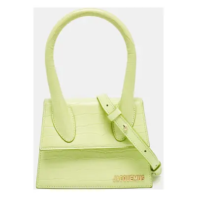 Jacquemus Light Green Croc Embossed Leather Le Chiquito Moyen Top Handle Bag