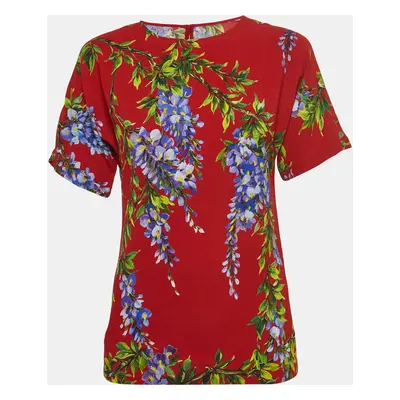 Dolce & Gabbana Red Floral Print Crepe Short Sleeve Blouse