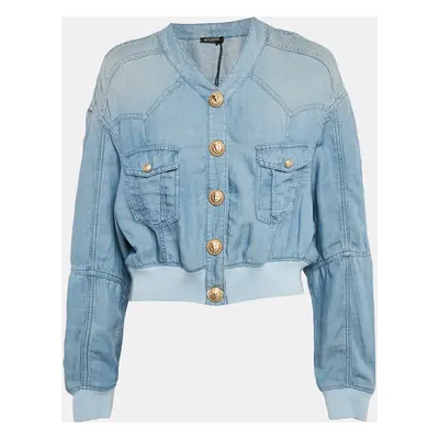 Balmain Blue Lyocell and Linen Button Detail Bomber Jacket