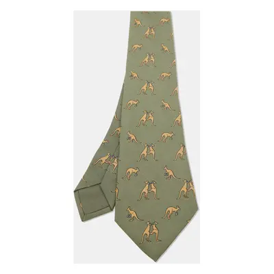 Hermes Olive Green/Beige Boxing Kangaroo Print Silk Classic Tie