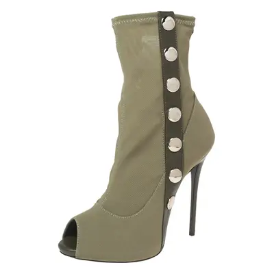 Giuseppe Zanotti Army Green Canvas and Studded Leather Peep-Toe Ankle Boots Size