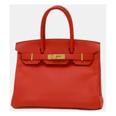 Hermes Red Epsom Leather Birkin Tote Bag