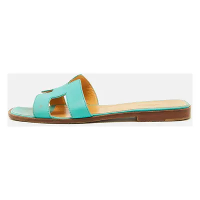 Hermes Turquoise Blue Leather Oran Flat Slide Sandals Size