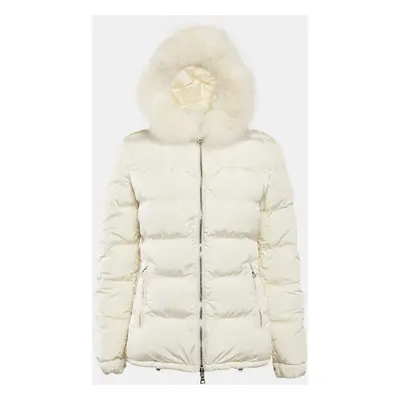 Prada Off-White Synthetic Quilted Fur Trim Hood Down Jacket