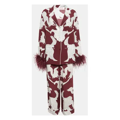 Valentino Burgundy Printed Silk and Ostrich Feather Pyjama Shirt and Pants Set