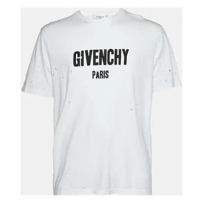 Givenchy White Logo Print Cotton Distressed T-Shirt