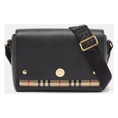 Burberry Black/Beige Check Canvas and Leather Note Shoulder Bag