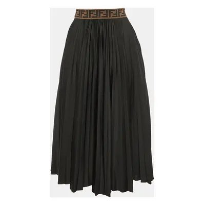 Fendi Black Jersey Logo Waist Band Pleated Midi Skirt