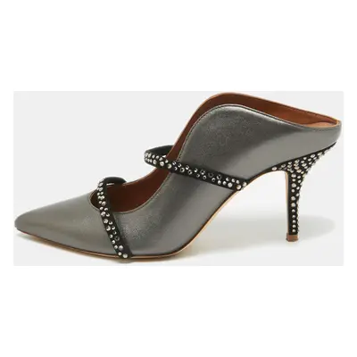 Malone Souliers Grey/Black Leather and Suede Crystal Embellished Maureen Mules Size