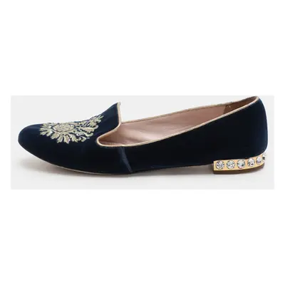 Miu Miu Blue Embroidered Velvet Crystal Embellished Smoking Slippers Size