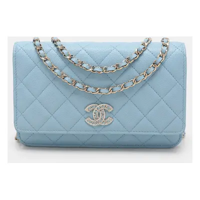 Chanel Blue Quilted Caviar Leather Crystal CC Wallet on Chain