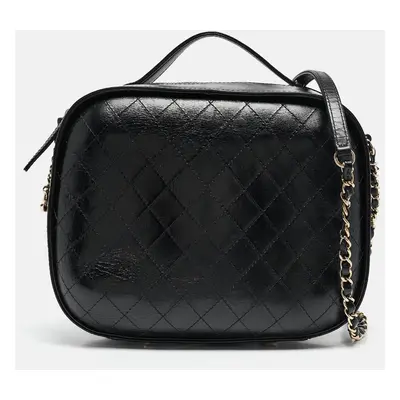 Chanel Black Quilted Leather CC Vanity Case Top Handle Bag