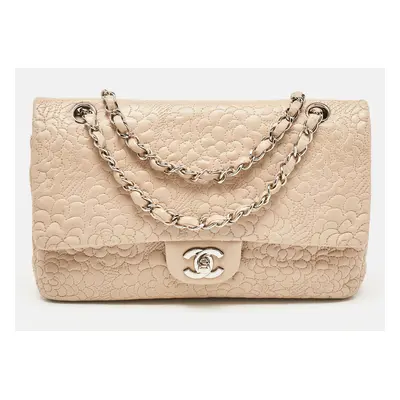 Chanel Beige Leather Medium Camellia Embossed Double Flap Flap Bag