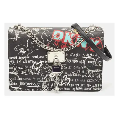 Dkny Black Graffiti Print Leather Elissa Chain Shoulder Bag