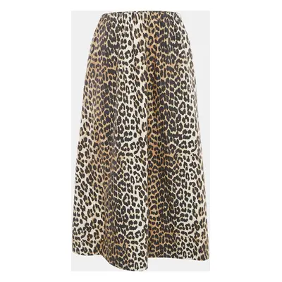 Ganni Brown Leopard Cotton Gathered Midi Skirt