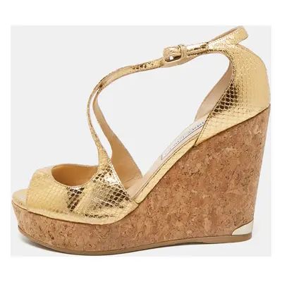 Jimmy Choo Gold Snakeskin Embossed Leather Cork Wedge Sandals Size