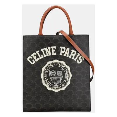 Celine Brown Small Triomphe Coated Canvas Paris Print Vertical Cabas