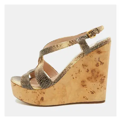 Miu Miu Brown/Cream Python Embossed Leather Platform Wedge Sandals Size