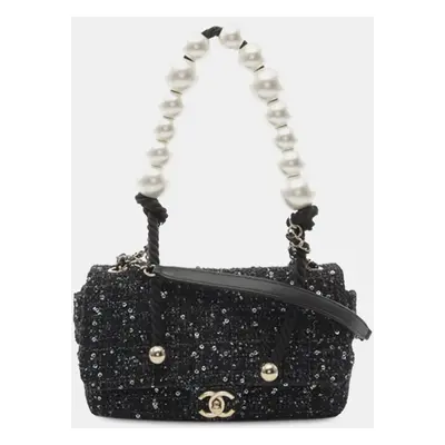 Chanel Black Medium Tweed Pearl Top Handle Flap