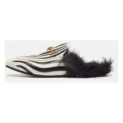 Gucci White/Black Leather and Fur Princetown Zebra Stripe Flat Mules Size