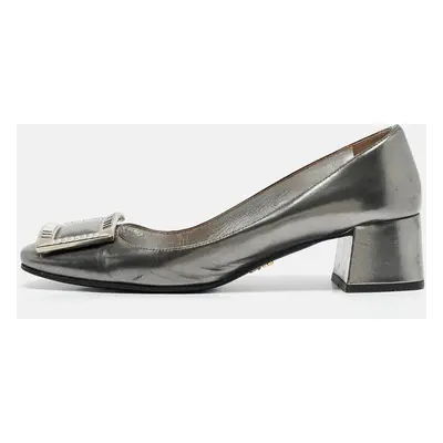 Prada Silver Leather Crystal Buckle Block Heel Pumps Size 36.5