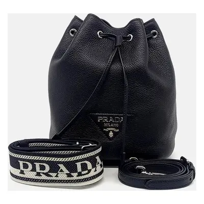 Prada Black Leather Vitello Dino Bucket Bag