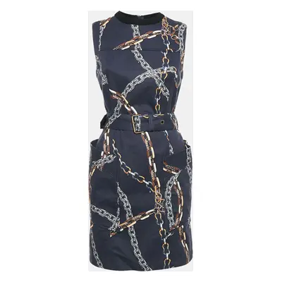 Louis Vuitton Navy Blue Chain Print Cotton Belted Mini Dress