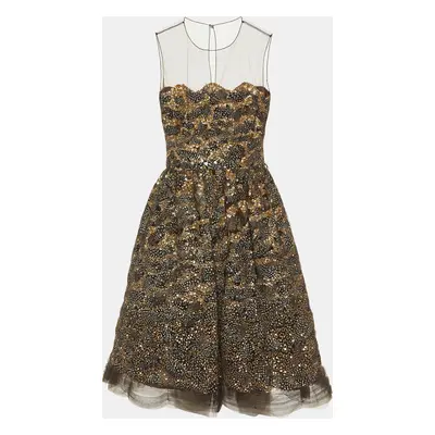 Oscar de la Renta Brown Sequin & Feather Embedded Tulle Mini Dress