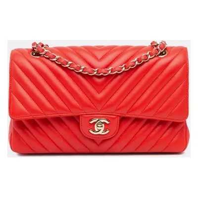 Chanel Red Medium Classic Chevron Lambskin Double Flap Bag