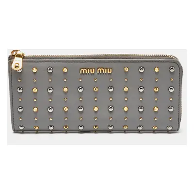 Miu Miu Grey Leather Studded Zip Continental Wallet