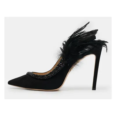 Jimmy Choo Black Suede and Feather Tacey Slingback Pumps Size 38.5