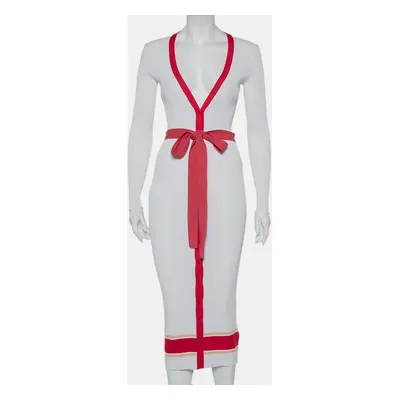 Elisabetta Franchi White Rib Knit Contrast Detail Belted Button Front Dress