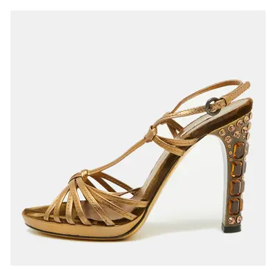 Miu Miu Gold Leather Crystal Embellished Heel Strappy Sandals Size