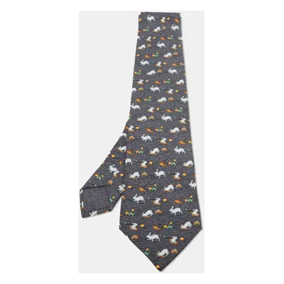 Hermes Grey Rabbit Print Silk Classic Tie