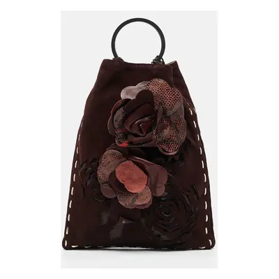 Valentino Dark Burgundy Suede Floral Applique Ring Handle Tote