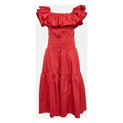 Self-Portrait Red Poplin Smocked Off-Shoulder Midi Dress