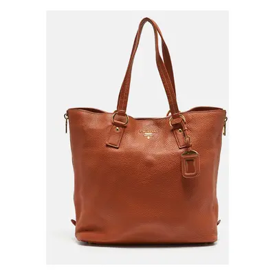 Prada Brown Vitello Daino Leather Side Zip Tote