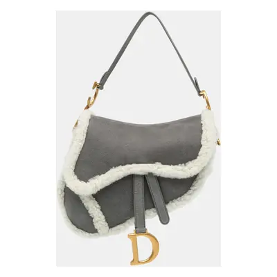 Dior Grey Medium Shearling Suede Saddle