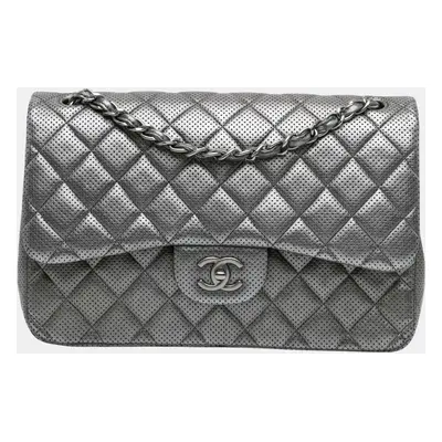 Chanel Silver Jumbo Classic Perforated Lambskin Double Flap