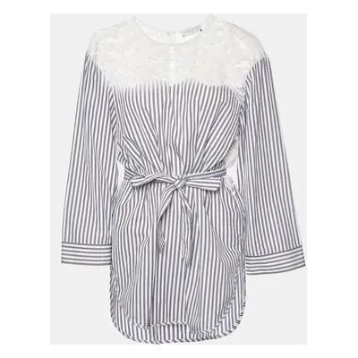 Sandro White/Blue Striped Cotton Lace Trim Dorothee Top