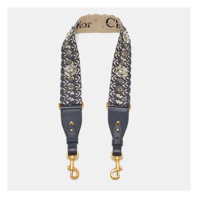 Dior Blue Oblique Embroidery Canvas and Leather Shoulder Bag Strap