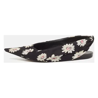 Balenciaga Black Floral Print Fabric Pointed Toe Slingback Flats Size