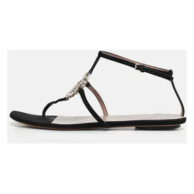 Gucci Black Suede Crystal Embellished Flat Sandals Size