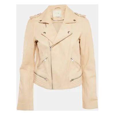 Maje Pink Nude Leather Zip-Up Biker Jacket