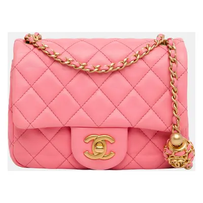 Chanel Pink Mini Square Classic Lambskin Pearl Crush Flap