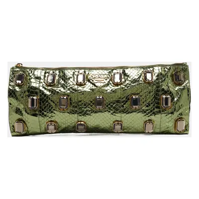 Prada Metallic Green Python Jewel Embellished Clutch