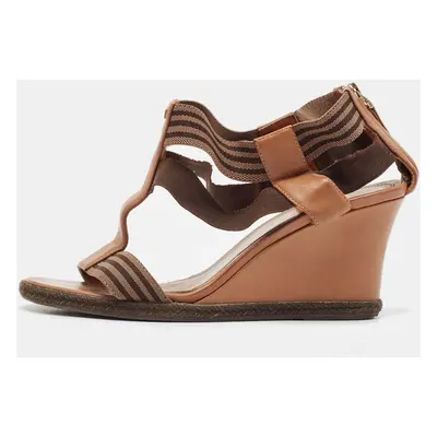 Fendi Brown Leather and Stretch Fabric Wedge Sandals Size