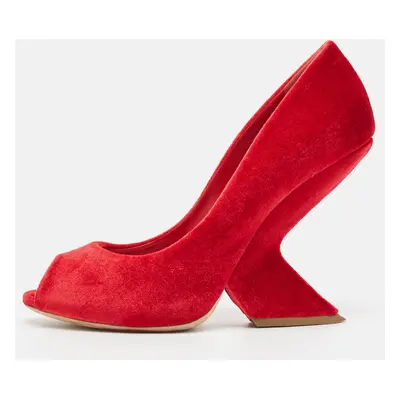 Dior Red Velvet Peep Toe Wedge Pumps Size