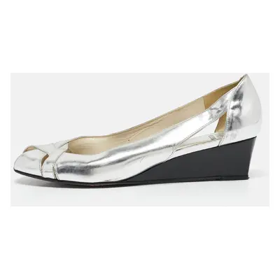 Stuart Weitzman Silver Leather Wedge Peep Toe Pumps Size