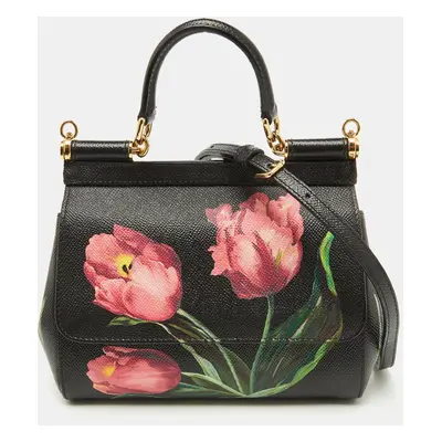 Dolce & Gabbana Black Leather Floral Small Miss Sicily Top Handle Bag